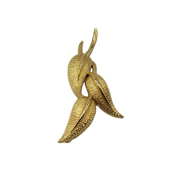 1960s Large Monet Gold Tone Three Leaf Brooch Pin Open Work Signed Estate - Picture 2 of 4